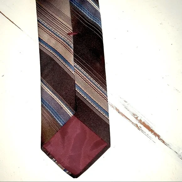 Vintage 70s AMBASSADOR Retro Brown and Blue Striped Polyester Tie - Picture 3 of 4